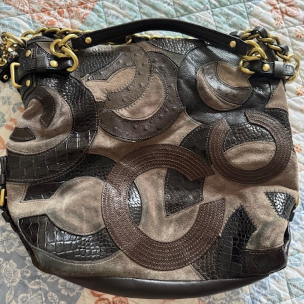 Coach Brooke Inlaid C Leather Suede Large Hobo Shoulder Bag